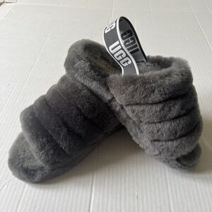 UGG Fluff Yeah Slide Charcoal Gray Sheepskin Platform Slippers Womens Sz 8